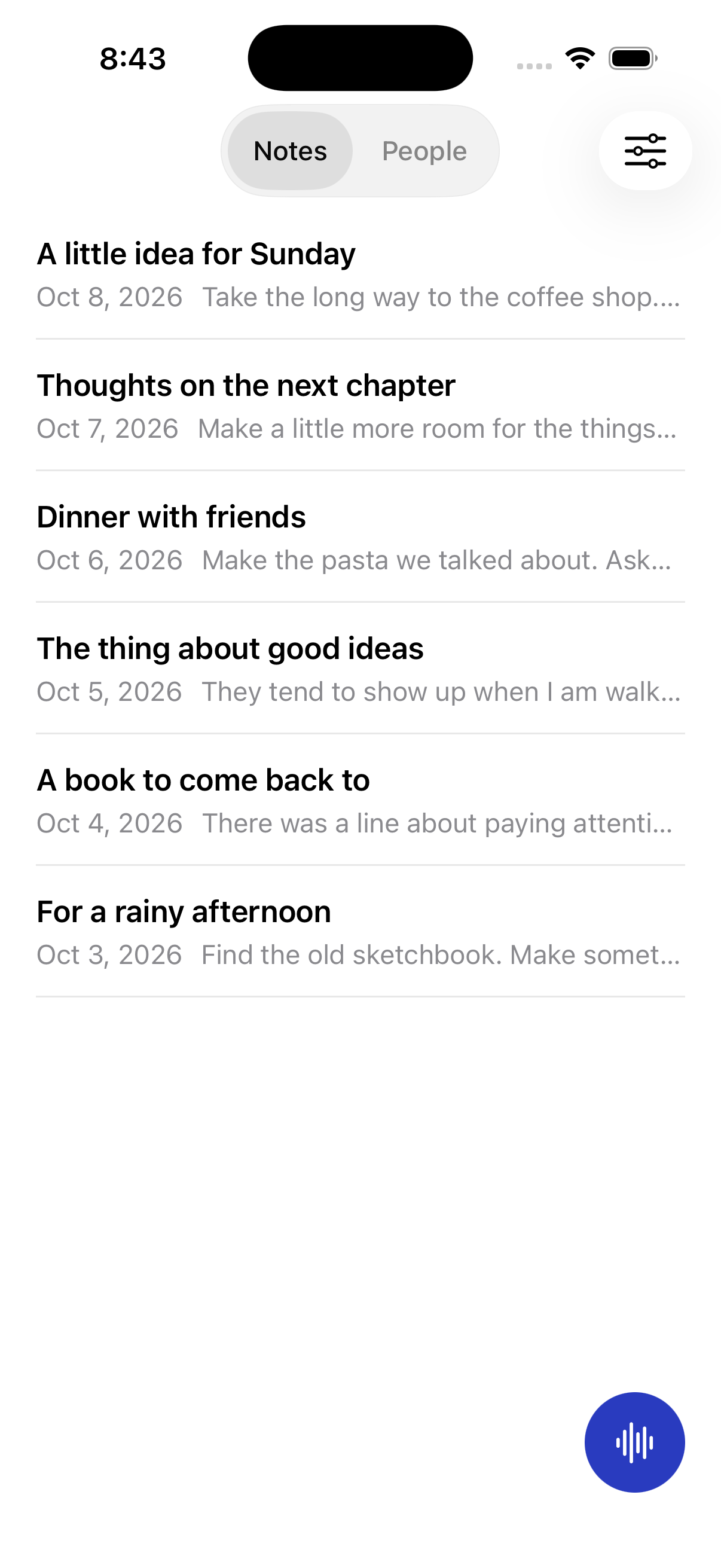 Pencil’s notes list with recorded thoughts and a record button.